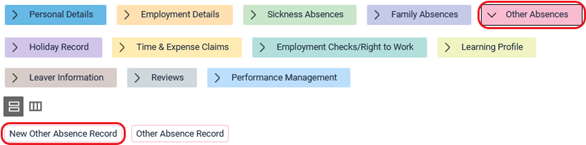 A screengrab from the iTrent system showing how to select the 'New other absence record' option.