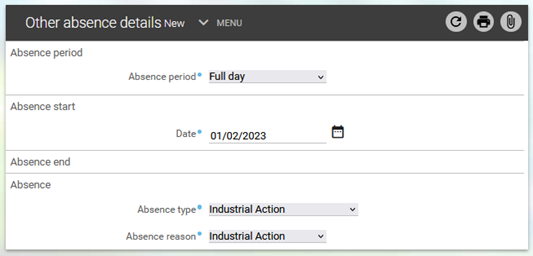 A screengrab from the iTrent system showing how to select absence period, date and type.