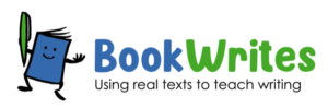 A dancing blue book holds a green pen with the logo BookWrites: using real texts to teach writing