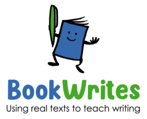 square BookWrites logo: a smiling blue book holds a green pen with the words BookWrites, using real texts to teach writing