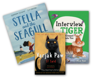 three book covers: Stella and the Seagull, An Interview With a Tiger and Varjak Paw