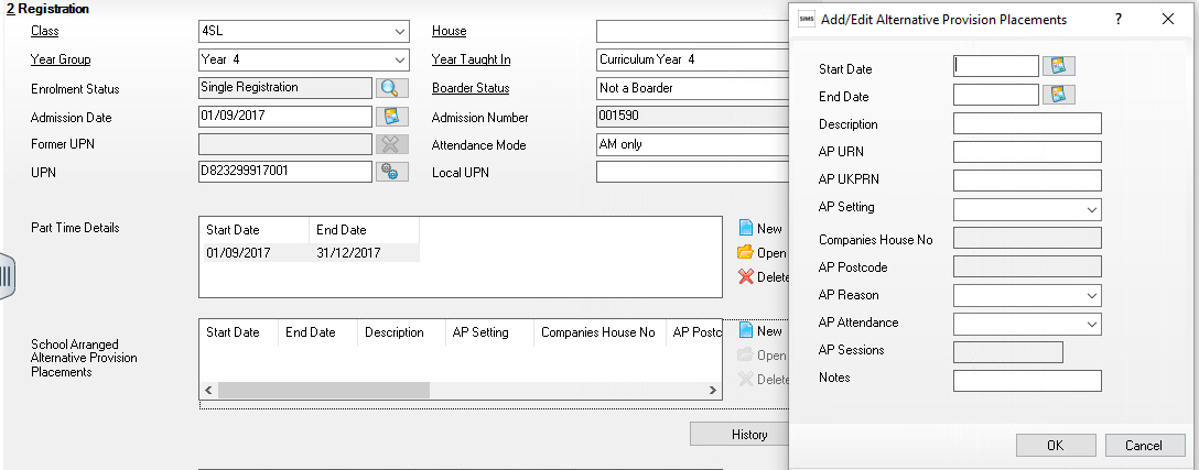 Image of Registration pane and sub-window to Add/Edit Alternative Provision Placements