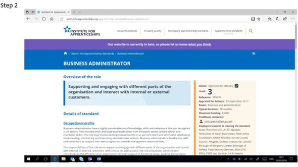 Screenshot of institute for apprenticeships website showing an apprenticeship role