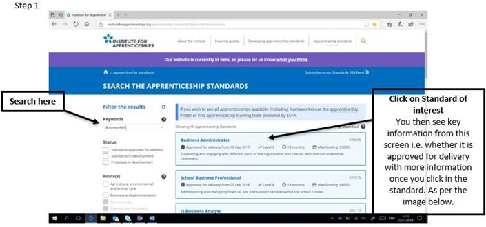 Screenshot of Apprenticeship standards website