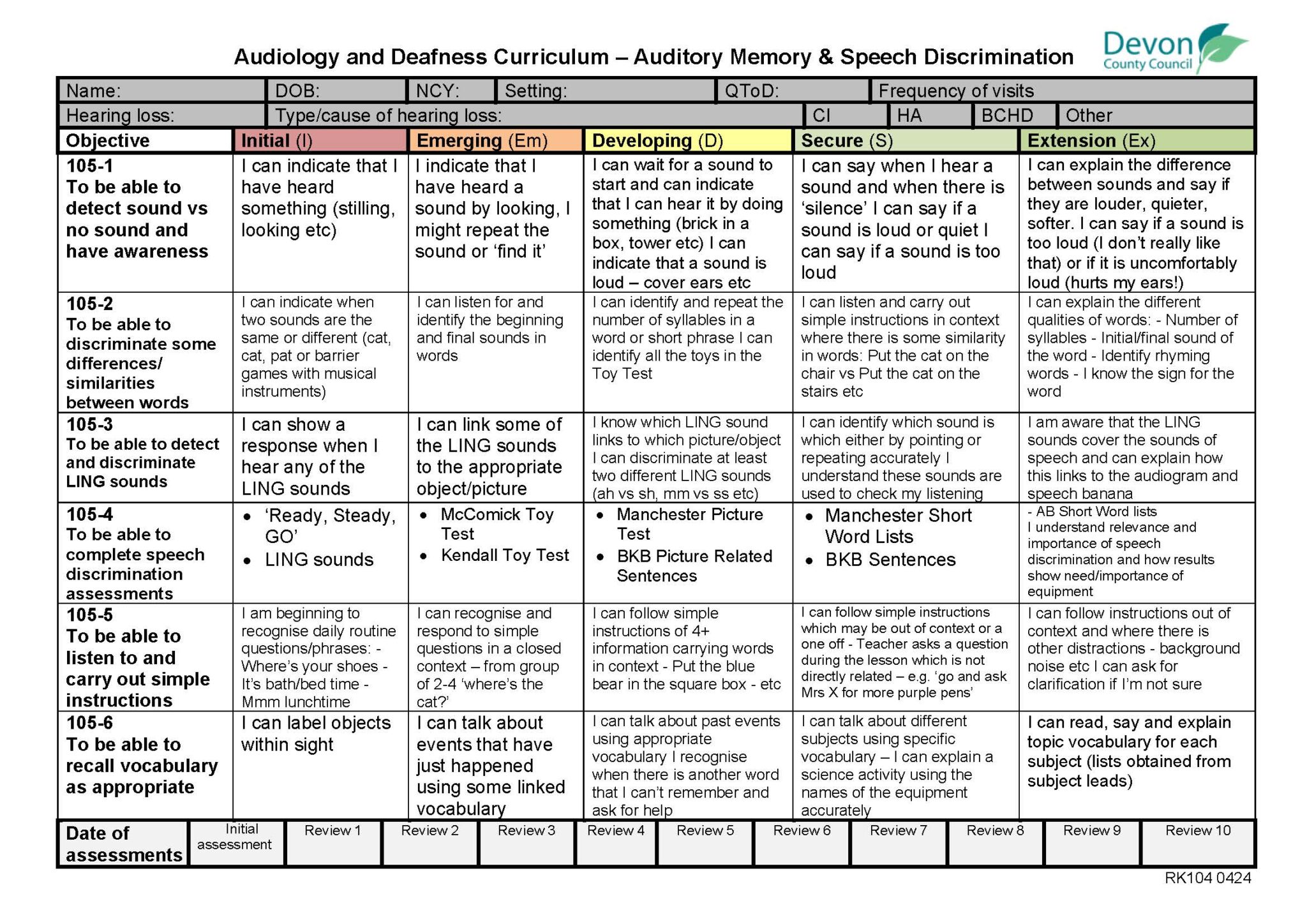 RK 105 AD Curriculum Auditory Mem and Sp Disc DCC