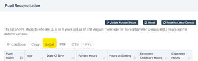 Screengrab of Pupil Reconciliation panel in Census in Bromcom with Excel download highlighted