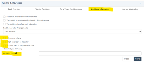 Screen grab of Funding and allowances window in Bromcom with highlighted Additional Information