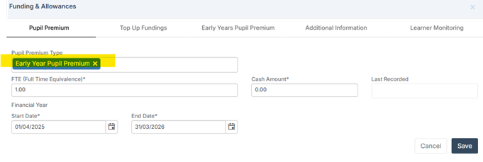 Screen grab of Funding and allowances window in Bromcom with highlighted Early Years Pupil Premium