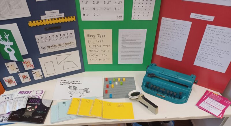 picture shows perkins brailler and braille lego