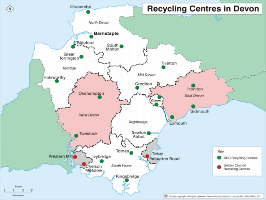 Map of Household Waste Recycling Centres in Devon and Torbay