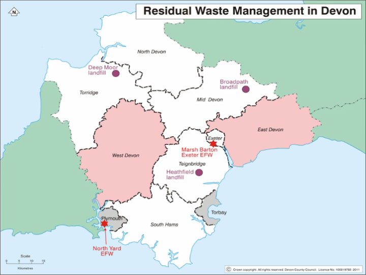 Map showing the location of residual waste facilities in Devon