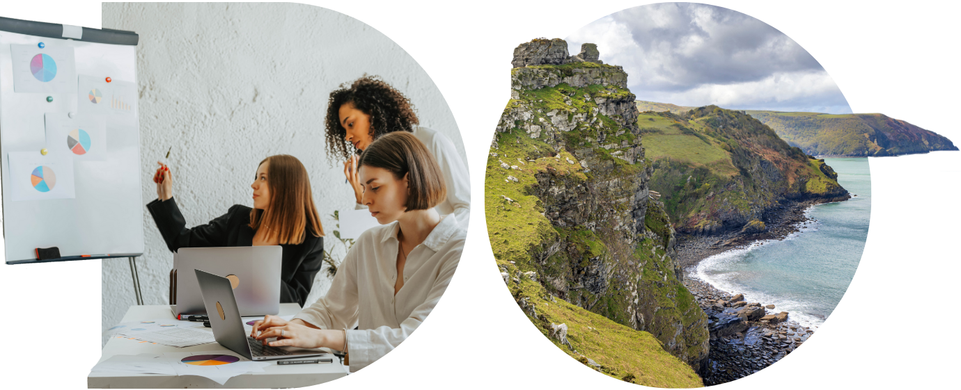 D shaped image of a team working on a project and an O shaped image of a devon coastline