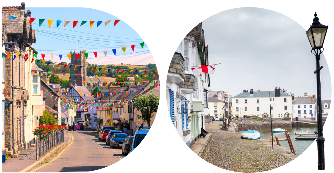 D shaped image on the left of a town in Devon and an O shaped image on the right of the harbour side in Dartmouth