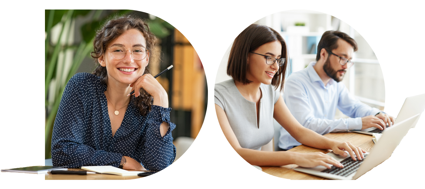 D shaped image on the left of a person sat at their desk holding a pen and an O shaped image on the right of two people working on their laptops