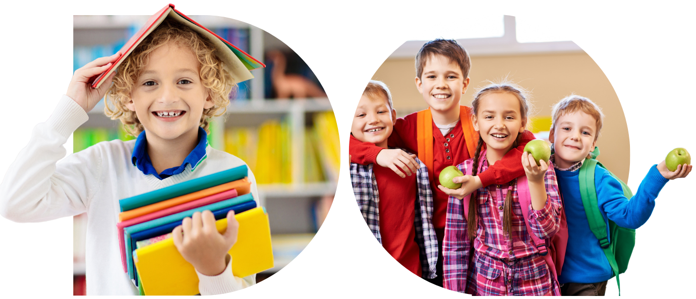 D shaped image on the left of a child with a book on their head and an O shaped image on the right of a group of children wearing colourful clothes
