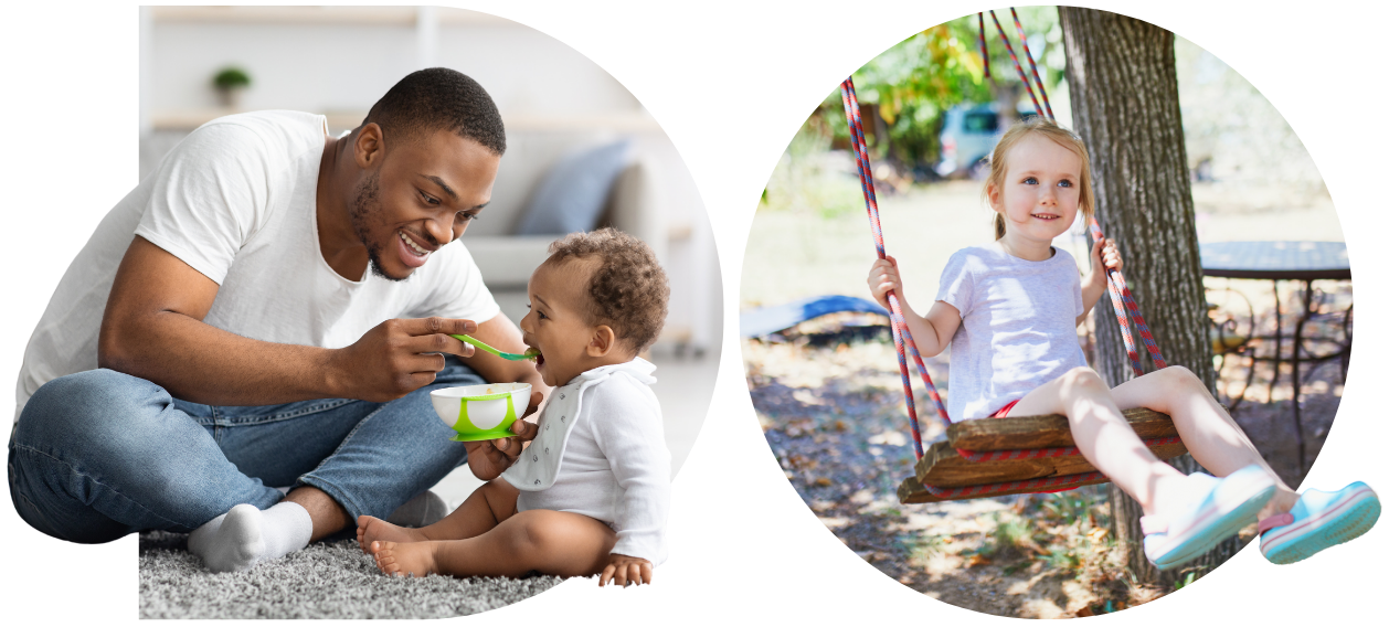 Do shaped image on the left of a childminder and a child and an O shaped image of a child in a swing