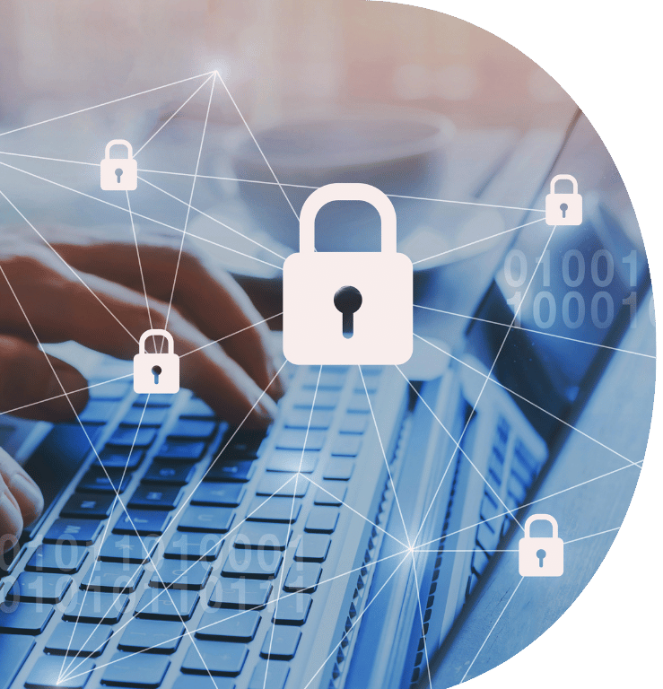 Picture of a laptop with white security locks superimposed over the picture. The picture is in the shape of a letter D,