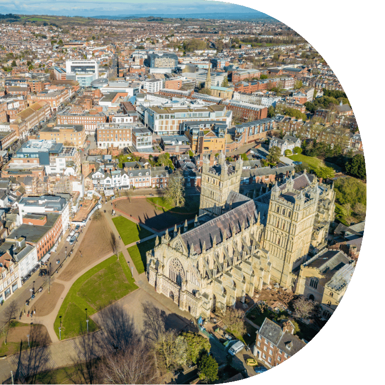 Birds eye view of Exeter showing the cathedral and surrounding areas