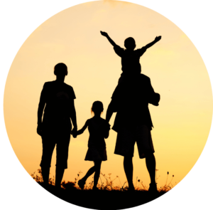 A family of four silhouetted against the sunset.