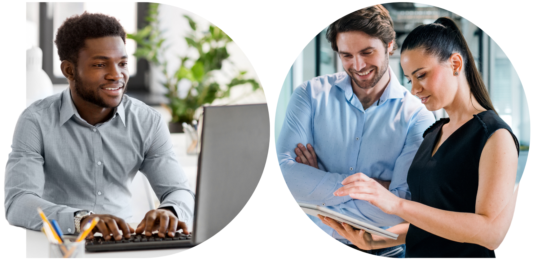 D shaped image of a person sat working on their laptop and an O shaped image of two people stood looking at a tablet