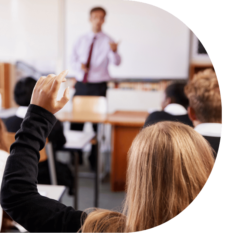 The image is cropped in a D shape and the foreground of image shows the back of a student with their hand up and a teacher in the background.