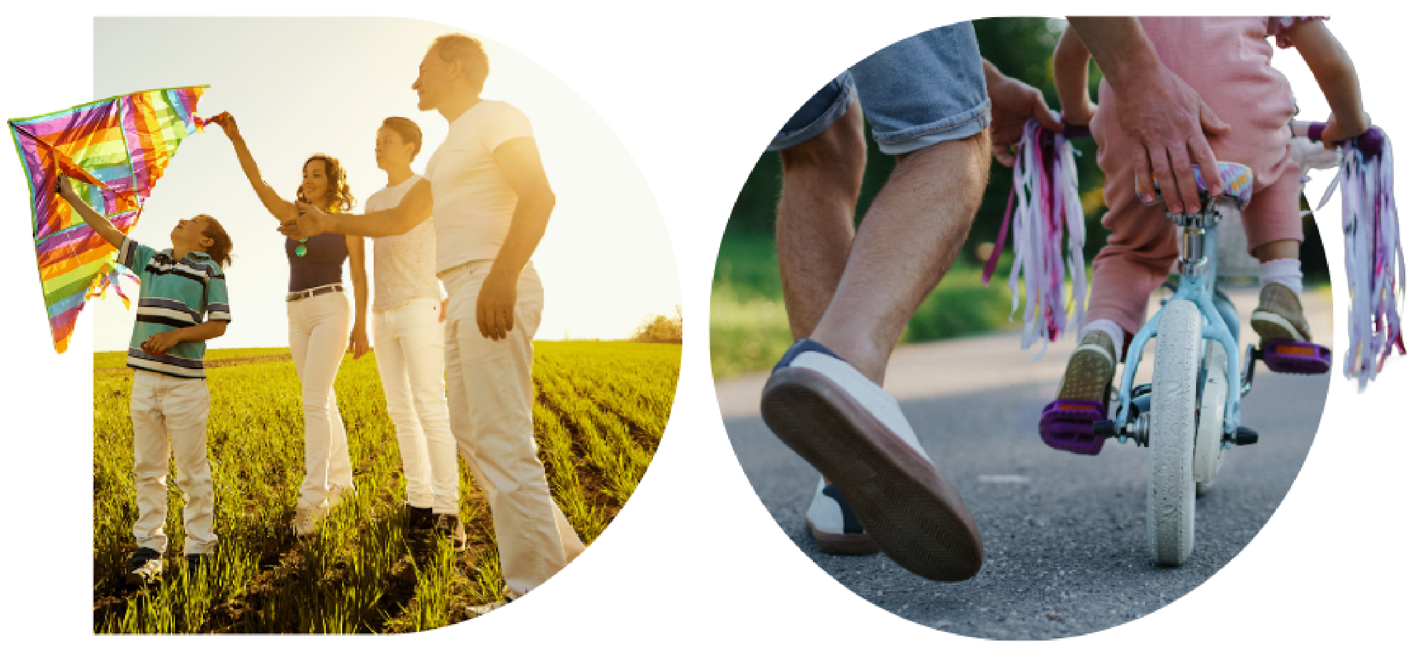 Two images show on the graphic. The first is of a family flying a kite and the second image is and adult helping a small child to ride a bike.