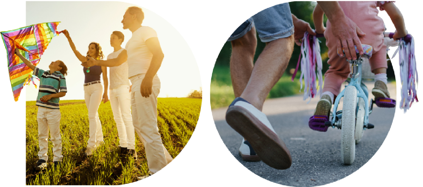 d shaped image with a family flying a kite in a field and an o shaped image with a parent pushing their child on their bike