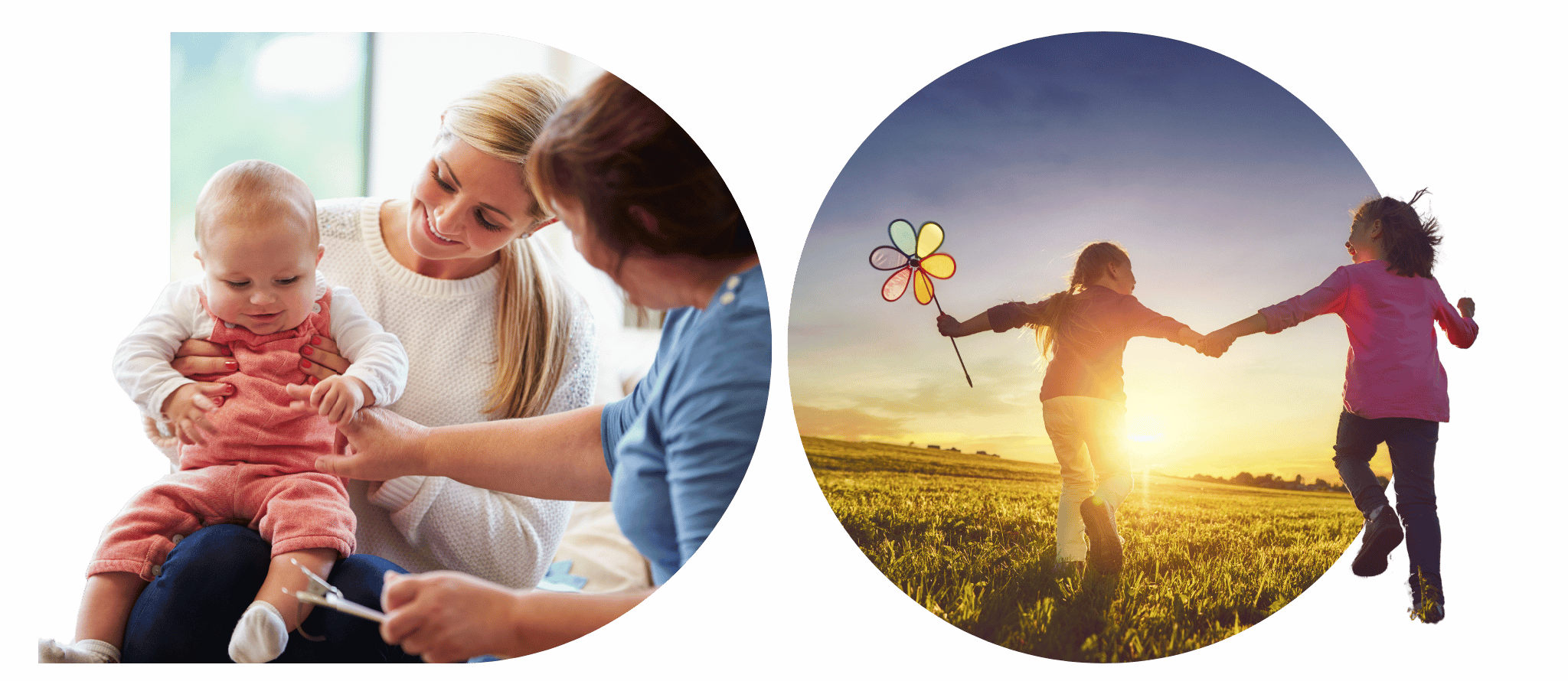 On the left an image of a family talking. On the right is an image of two children running through a field.