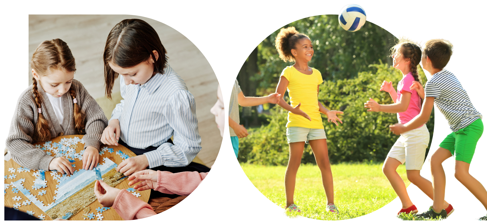 D shaped image of children doing a jigsaw. O shaped image of children playing volleyball