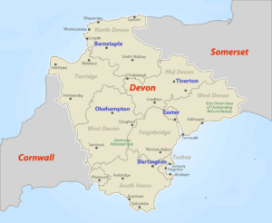Map of Devon showing the major towns and cities. Five towns are highlighted: Tiverton, Okehampton, Barnstaple, Exeter, and Dartington.