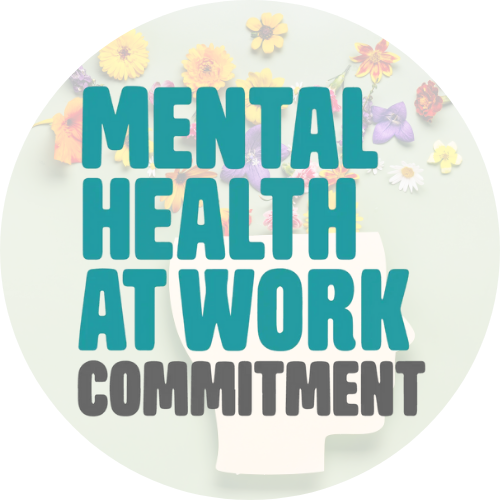 cartoon image of a head open with flowers coming out of the top and a mental health at work commitment logo on top of the image