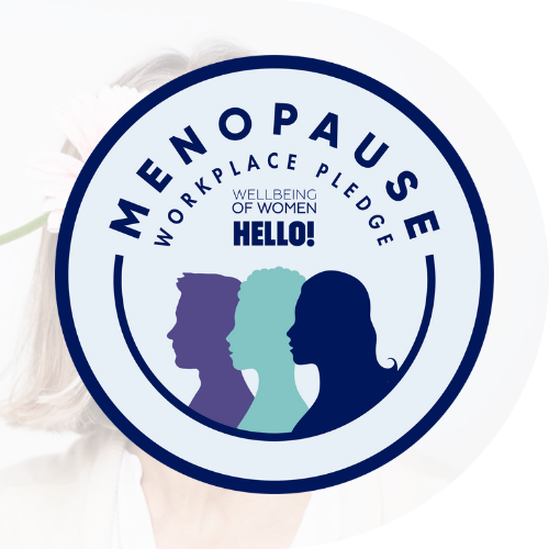 image of a woman holding a flower with the menopause workplace pledge logo on top