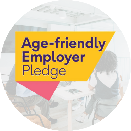 image of people in a meeting room with the age-friendly pledge logo on top