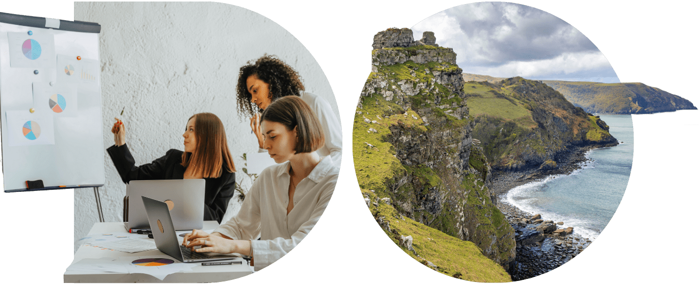 an image of 3 people working in an office looking at graphs, and an image of a devon coastline