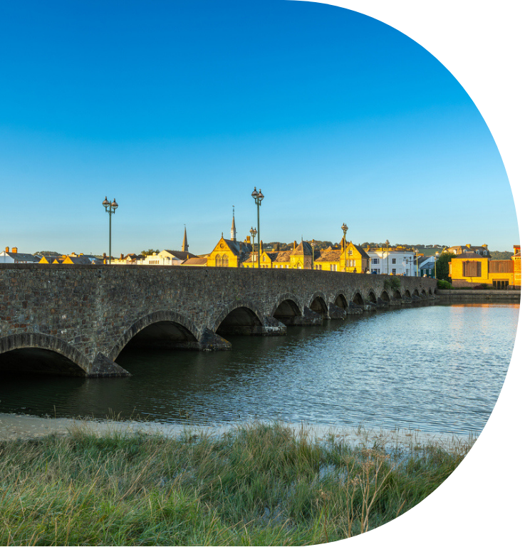Barnstaple by sunset, view of the historical long bridge and river Taw stock photo