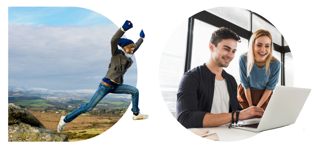 Picture in the letters D and O (for DO). The image in the letter D shows an adult jumping from a rock, arms in the air, smiling. In the background is a view of Dartmoor. In the picture, O is two adults looking at a laptop on the desk in front of them. One is seated, the other is leaning down behind.