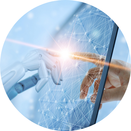 Image of a human hand and a robot hand touching the same point through a computer screen