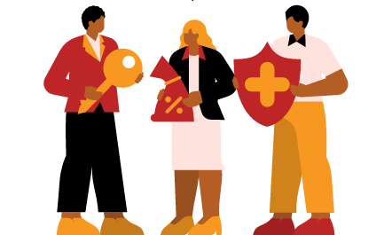Three stylized illustrated people standing side by side on a light background, each holding a symbolic object: the left figure holds a large key-like shape, the center figure holds a triangular object with circles, and the right figure holds a shield with a cross. The figures wear brightly colored clothing in red, black, yellow, and orange, suggesting themes of access, community, and protection.