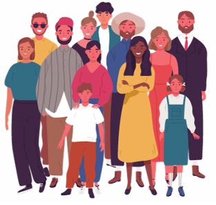 Illustrated group portrait of about twelve people of varying ages standing together in two rows. The figures wear a mix of casual and semi-formal clothing in bright, solid colors such as yellow, red, blue, and green. The front row includes shorter figures and children, while taller figures stand behind. The style is flat and modern with simplified facial features and minimal detail on a light, plain background.