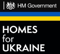 HM Government Homes for Ukraine, black background, and a yellow and blue stripe