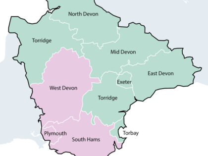 Option 3 - A two unitary model based on South West Devon and North East Devon- a map showing the south west and north east areas of Devon