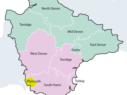 Option 5 - A three unitary model of Plymouth, North East Devon and South West Devon - A map showing the 3 unitary areas