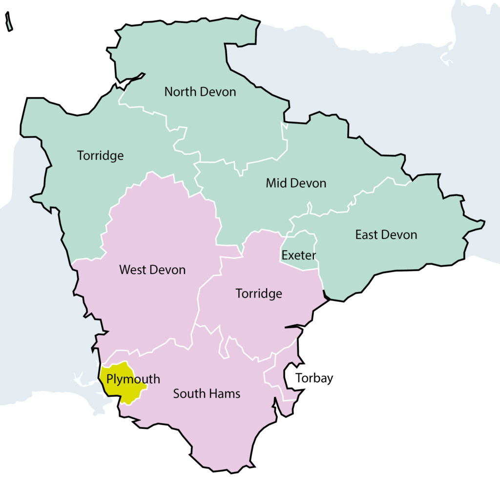 Option 5 - A three unitary model of Plymouth, North East Devon and South West Devon - A map showing the 3 unitary areas