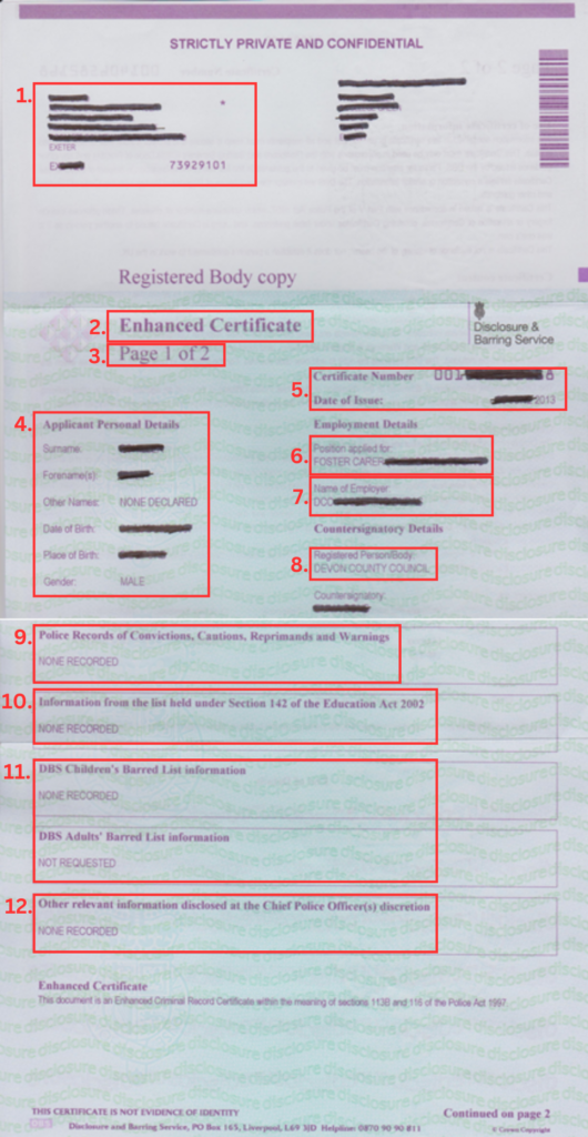 Security features of a genuine DBS Disclosure Certificate screenshot of a paper copy