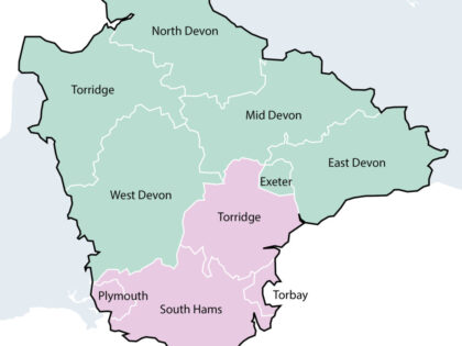 Option 2 - A two unitary model based on north and south areas of Devon - A map showing the north and south areas of Devon