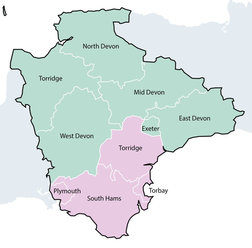 Option 2 - A two unitary model based on north and south areas of Devon - A map showing the north and south areas of Devon
