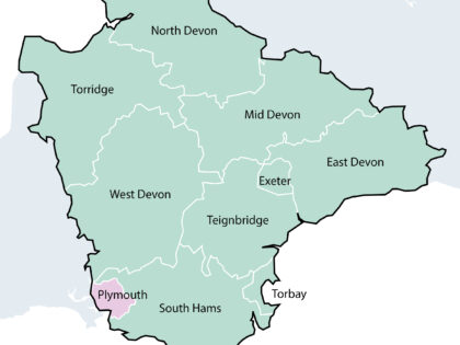 Option 1 - A two unitary model for Plymouth and Devon - map showing boundaries for Devon and Plymouth