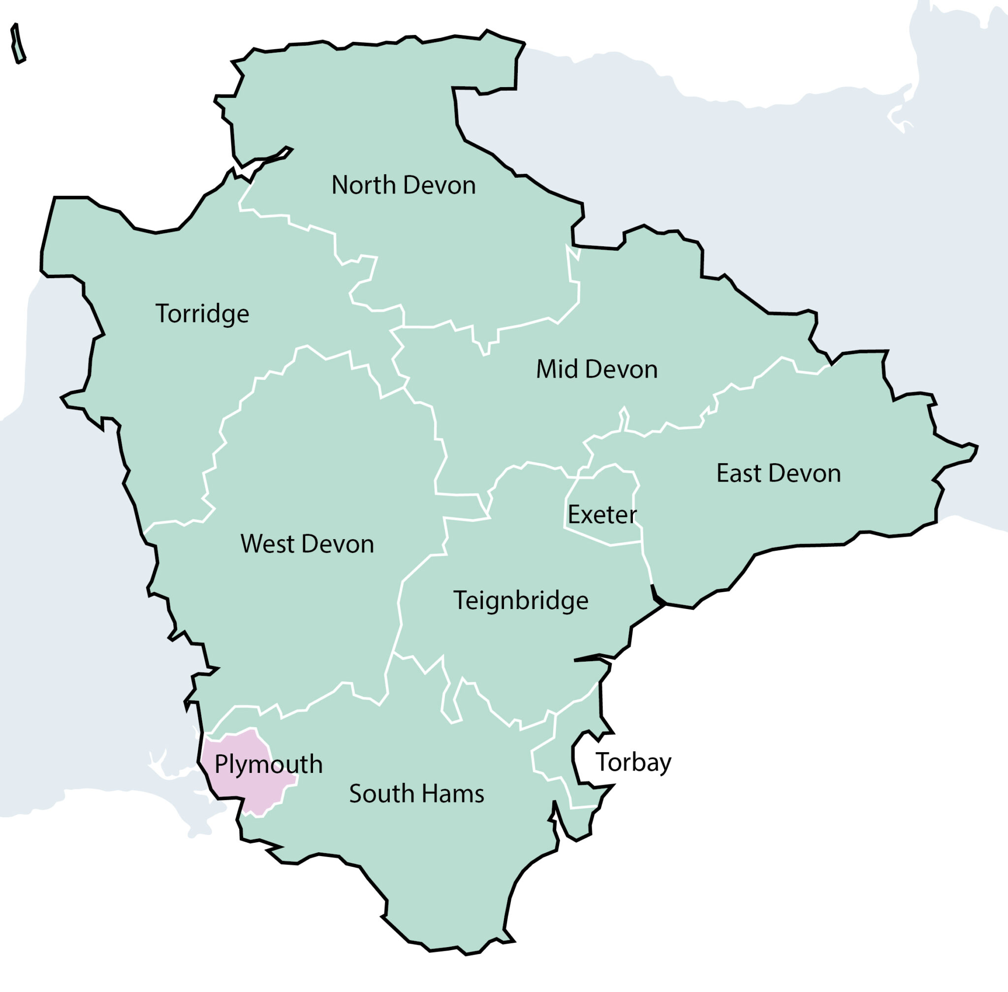 Option 1 - A two unitary model for Plymouth and Devon - map showing boundaries for Devon and Plymouth