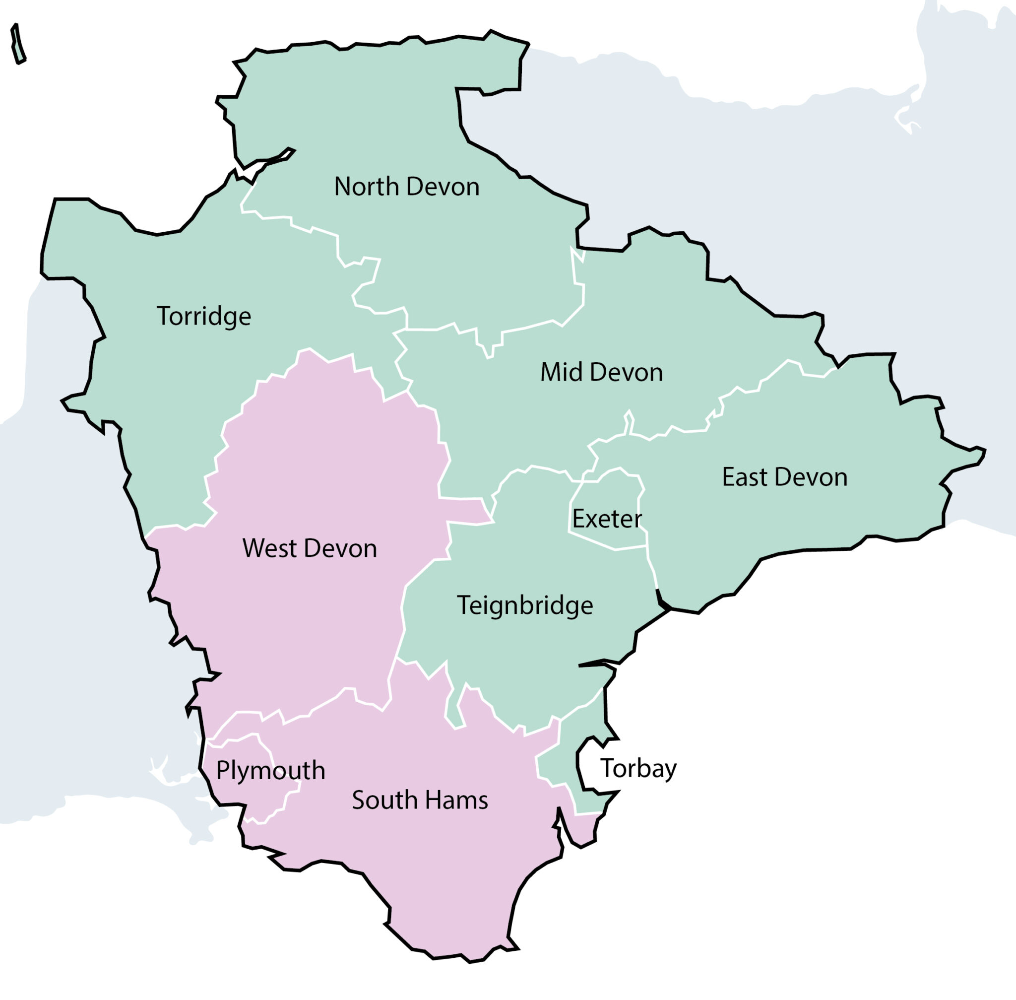 Option 3 - A two unitary model based on South West Devon and North East Devon- a map showing the south west and north east areas of Devon