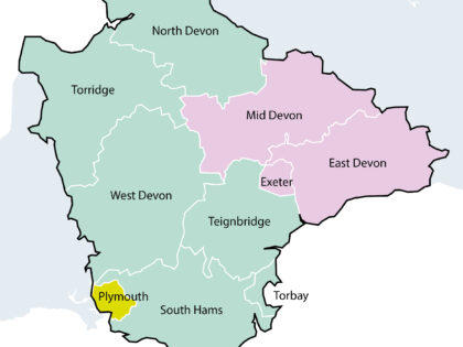 Option 4 - A three unitary model of Plymouth, Greater Exeter and the rest of Devon - A map showing the 3 unitary areas